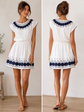 J. Crew White Linen Cotton Summer Dress with Navy Floral Lace Embroidery